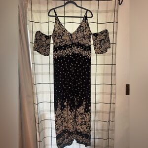 Billabong Desert Dance Washed Black Beige & Cream Boho Print Maxi Dress - Size L